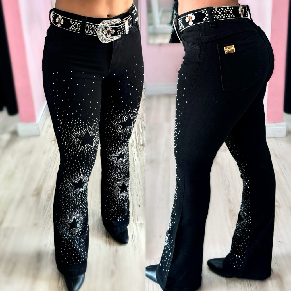 Calça Flare Jeans Feminina Country Rodeio de Luxo Cintura Alta com Strass — imagem 2 de 2