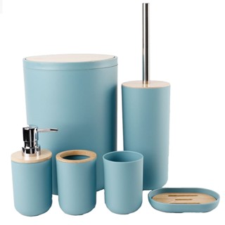 Kit Banheiro Premium 6 Peças Bambu Com Lixeira Saboneteira Azul em Oferta na Shopee