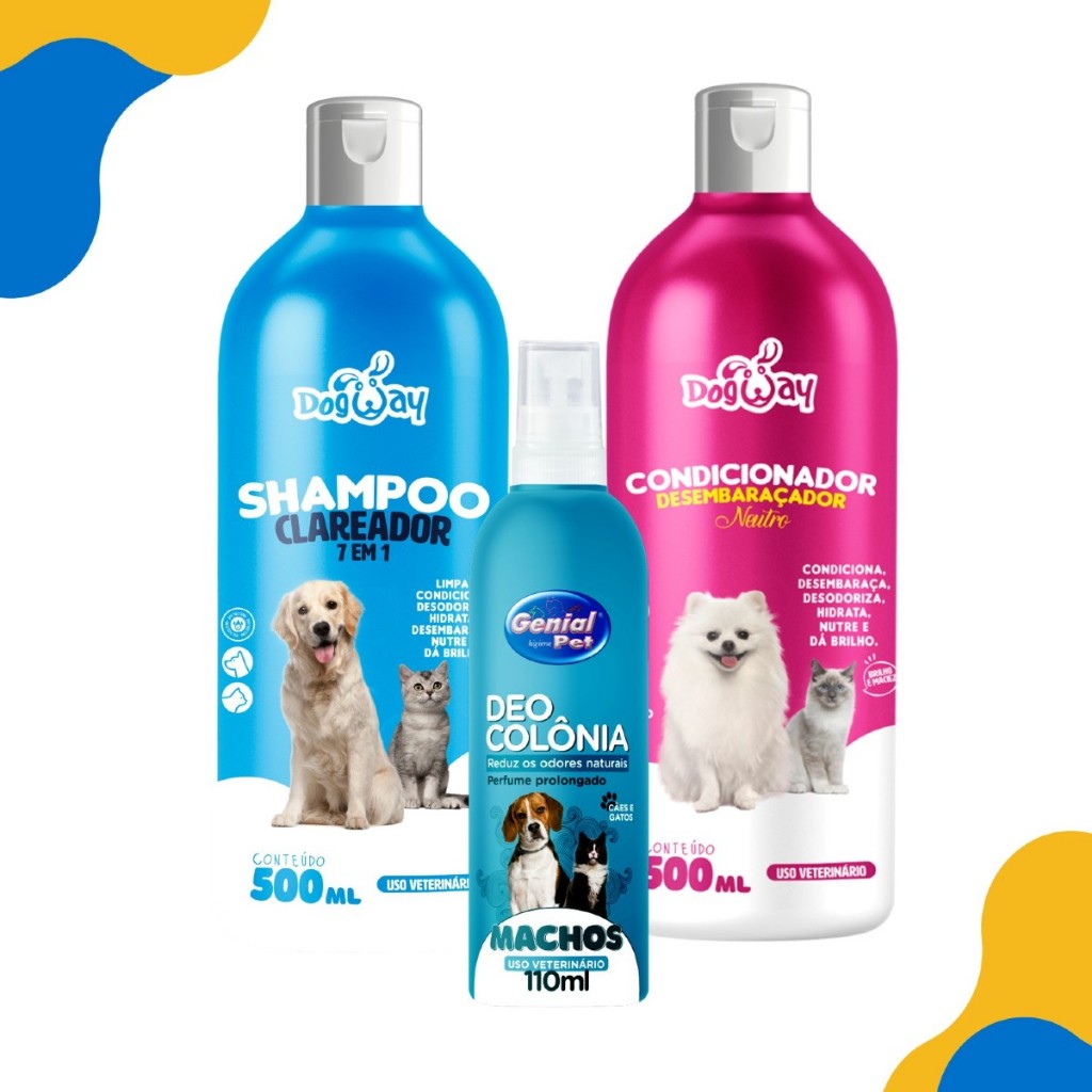 Kit Shampoo Branqueador de Pelagem Caes + Condicionador Desembolador + Colonia Genial Cachorro Gatos