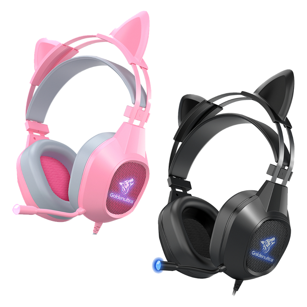 Fone Headset Gamer Gatinho com Fio e LED RGB Fone de ouvido- Orelhas Removíveis, Microfone e Controle de Volume
