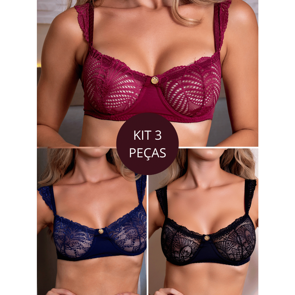 Kit 3 Peças - Sutiã Sandy Sem Bojo com Aro em Microfibra Com Renda Alça Regulável Atacado em Oferta na Shopee