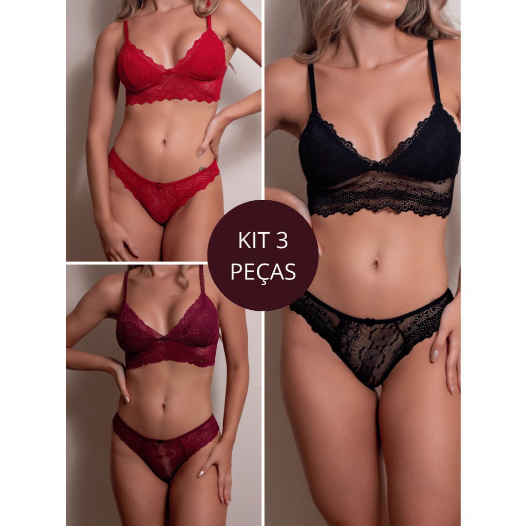 Kit 3 Peças - Conjunto Agatha Sem Bojo Triangulo Rendado Alça Regulável Atacado