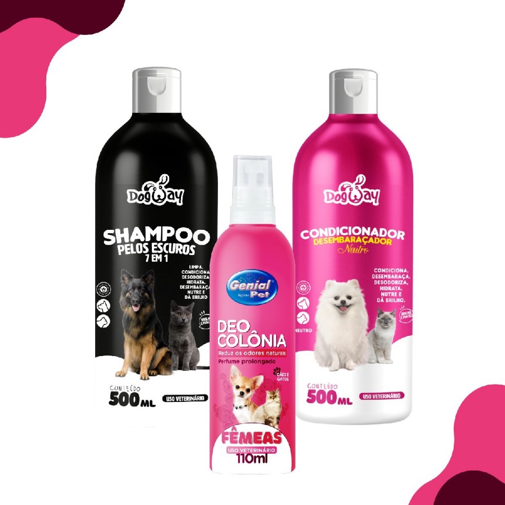 Kit Shampoo Escurecedor + Condicionador Desembolador de Pelos + Colonia Macho Femea e Filhote