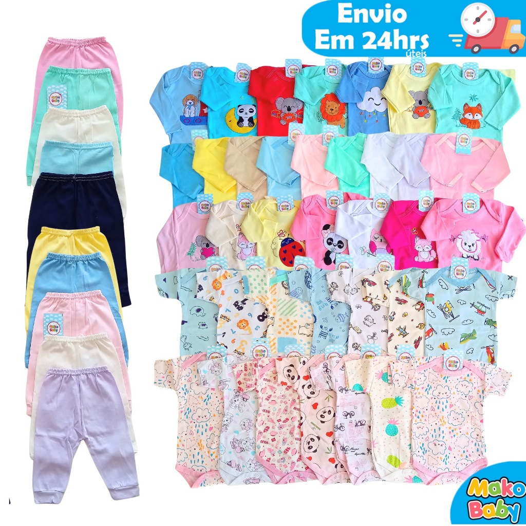 Kit 15 peças Enxoval Bebê Menino e Menina Body Calça Mijão e Meia Algodão Menina Ou Menino