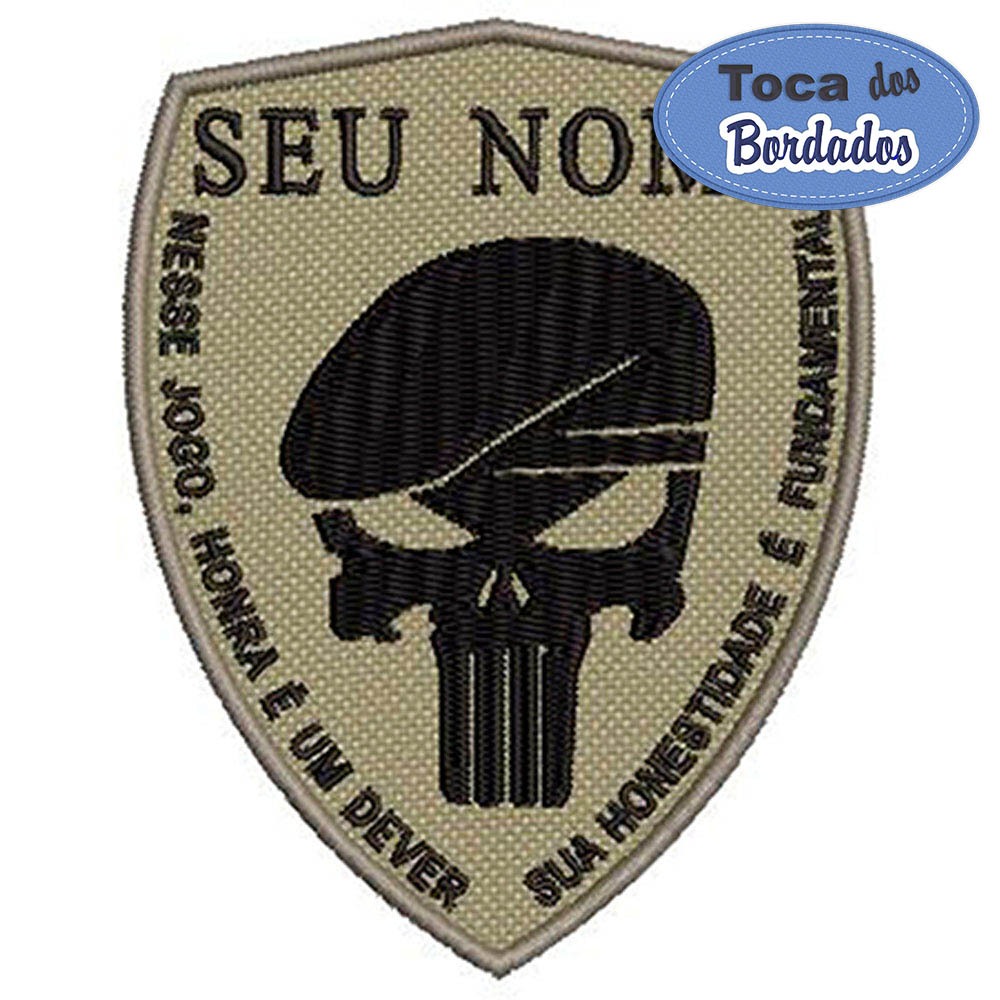 Patch Bordado Breve Caveira com seu nome 10x7,5cm Cód.2461 - Cor TAN