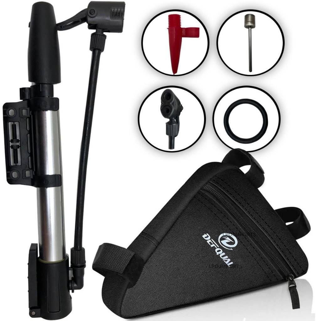 Kit Bomba De Alumínio Encher Bola Pneu Bike + Bolsa Quadro Triangular Bicicleta Bag Ciclismo