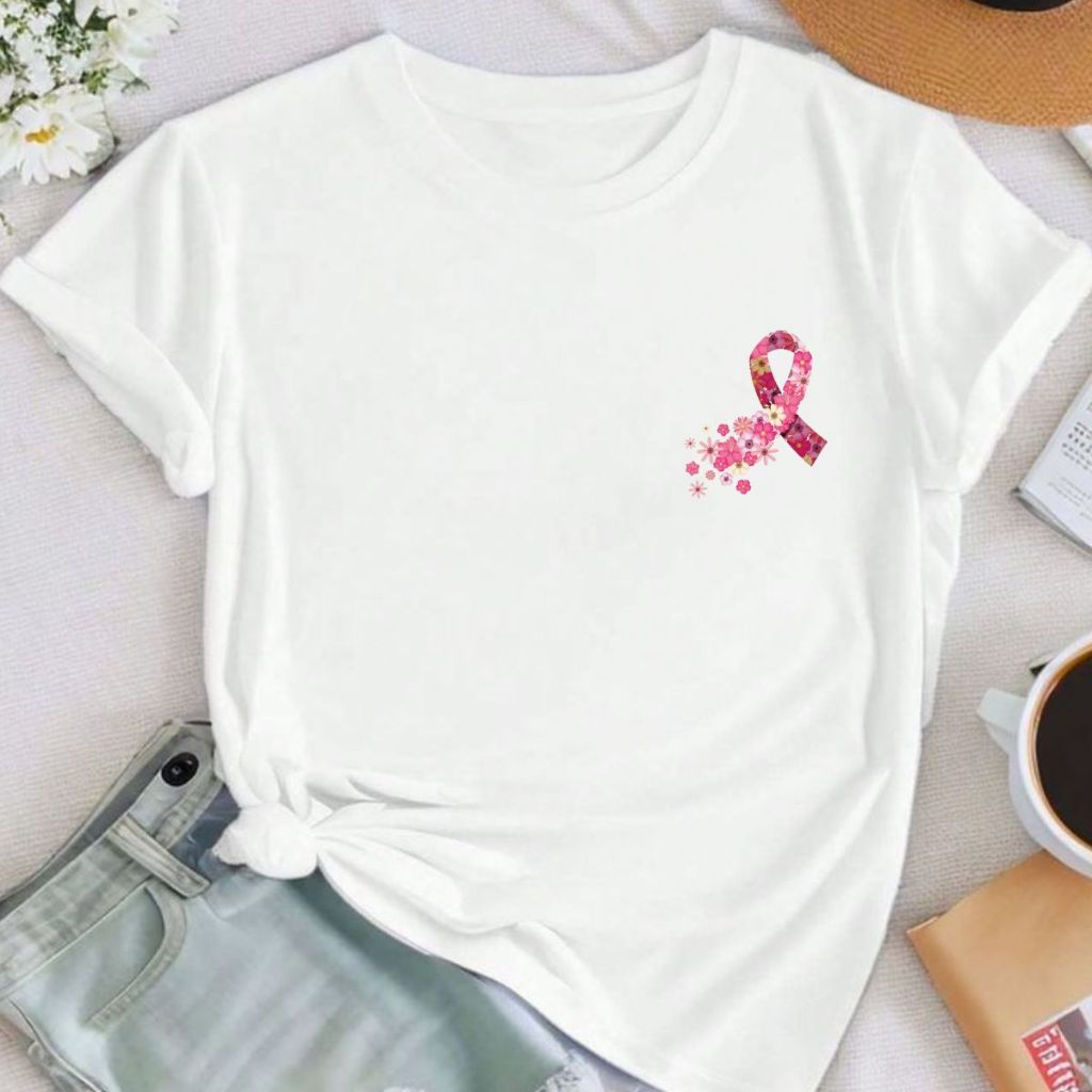 Camiseta feminina T-shirt feminina Outubro camisa Rosa Laço blusinha blusa 100% algodão