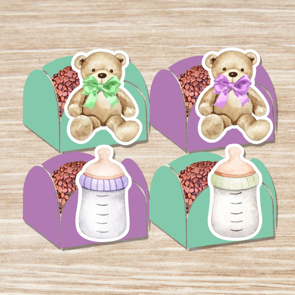 Forminha para doces docinhos 4 pétalas festa personalizado Chá revelação ursinho lilás e verde aquarelado