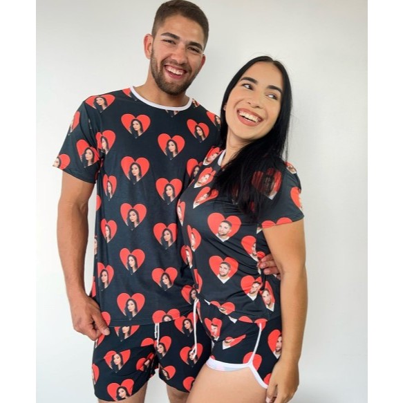 Pijama Casal Personalizado com Foto Coração Vermelho em Oferta na Shopee