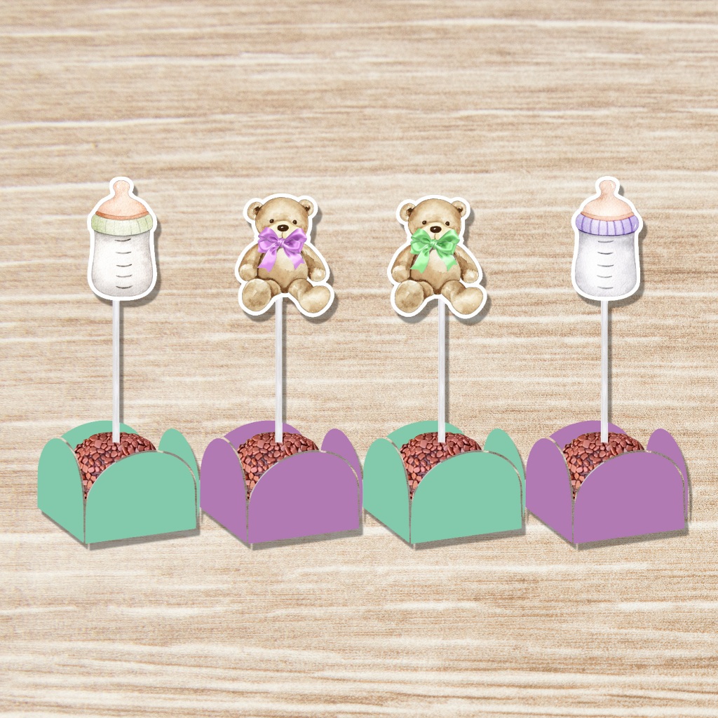 50 forminhas para doces e 50 toppers tags para doces docinhos personalizados festa Chá revelação ursinho lilás e verde aquarelado