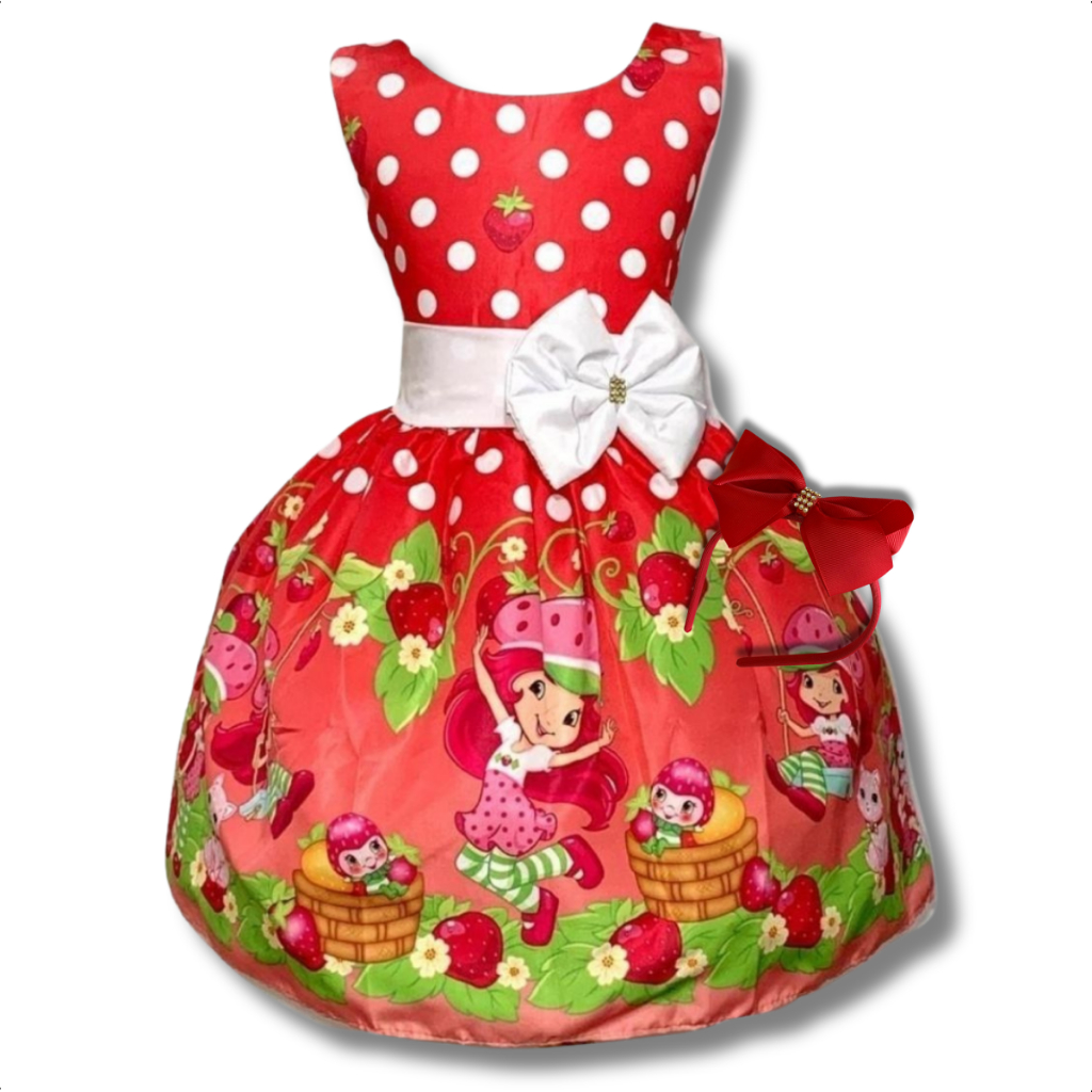 Vestido Temático Infantil Moranguinho Vermelho aventuras em tutti frutti com laço ajustável e tule