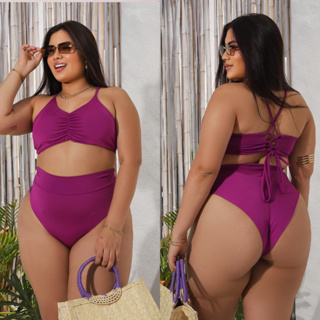 Biquini forrado com bojo drapeado, calcinha hotpant fio duplo Plus size em Oferta na Shopee