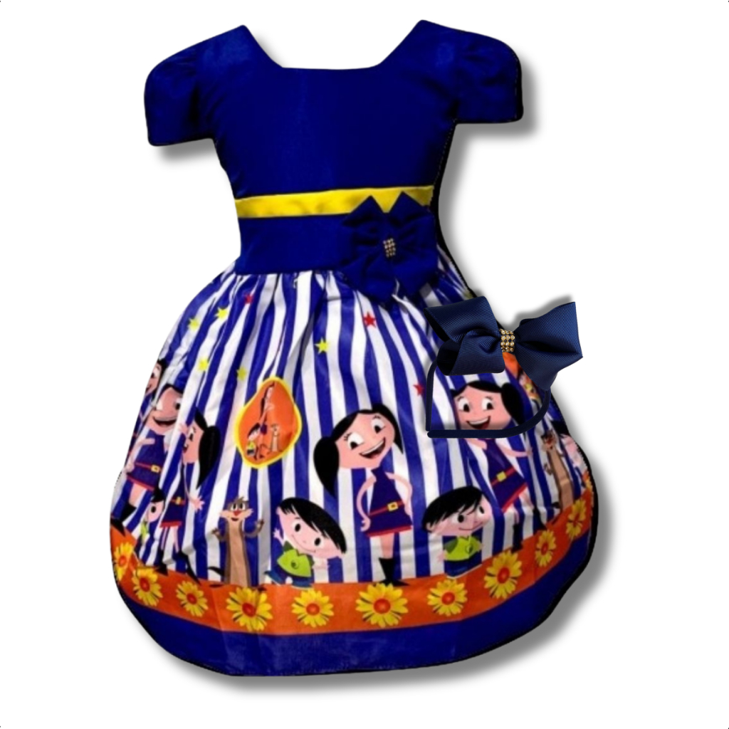 Vestido Temático Infantil Luna Nova com Júpiter furão(Claudio) com amarração nas costas e elastex