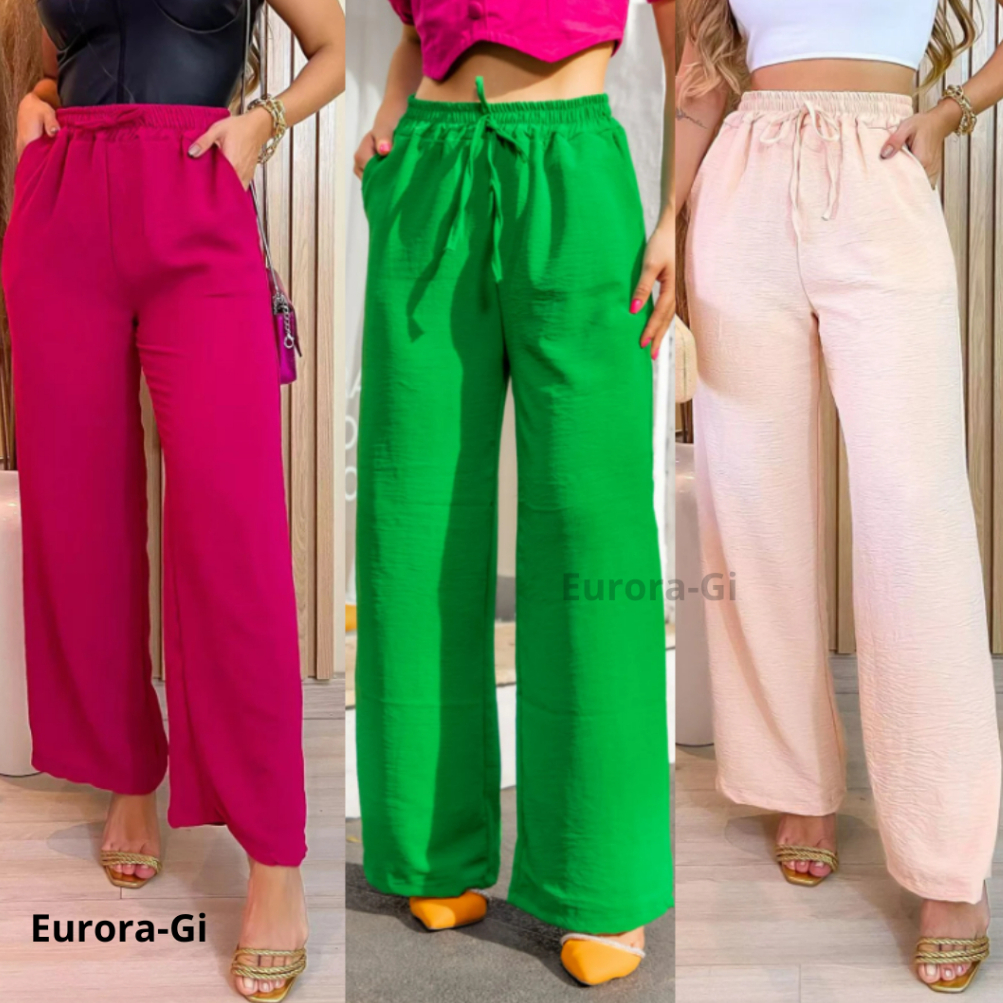 Calça Pantalona Feminina Com Elástico Na Cintura Tecido Duna Premium Com Bolso e Cintura Alta