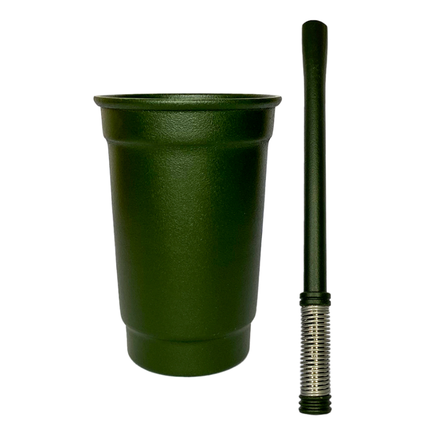 Kit para Terere Verde: copo alumínio 330ml + Bomba INOX Desmontável de Mola Externa + escovinha