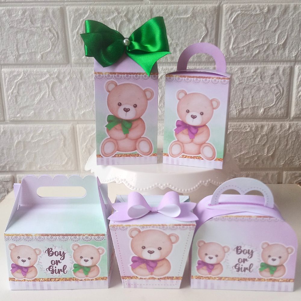 Kit mimos Personalizados Chá Revelação Ursinho Verde e Lilas Lembrancinhas Chá de bebe caixas para Festa- PEGUE E MONTE