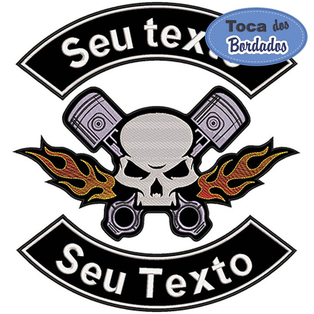 Patch Bordado Caveira pistão em chamas Seu Nome e Cidade texto livre 32x30 cm Cód.1225 - Fixação Costura
