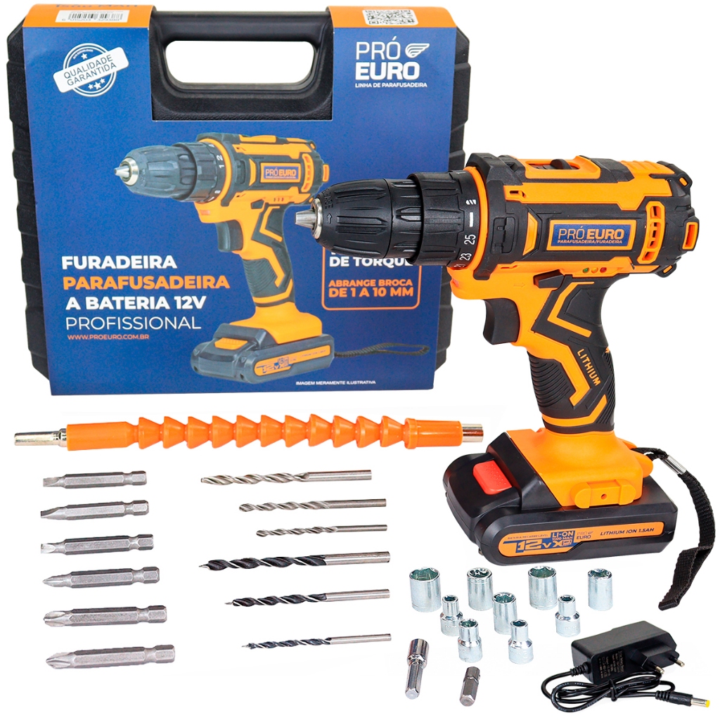 Parafusadeira Furadeira Sem Fio 12V 10mm Bivolt Pró Euro com Maleta e Kit Brocas em Oferta na Shopee
