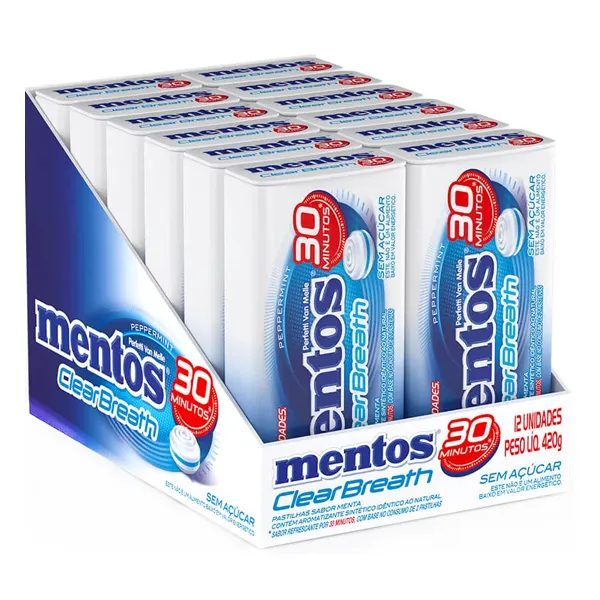 Pastilhas Mentos Clear Breath Peppermint 30 Minutos 35g - Display Com 12 Latas em Oferta na Shopee