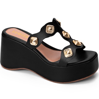 Sandália Feminina Lumiss Tamanco Tachas Anabela Confortável Plataforma Preto em Oferta na Shopee