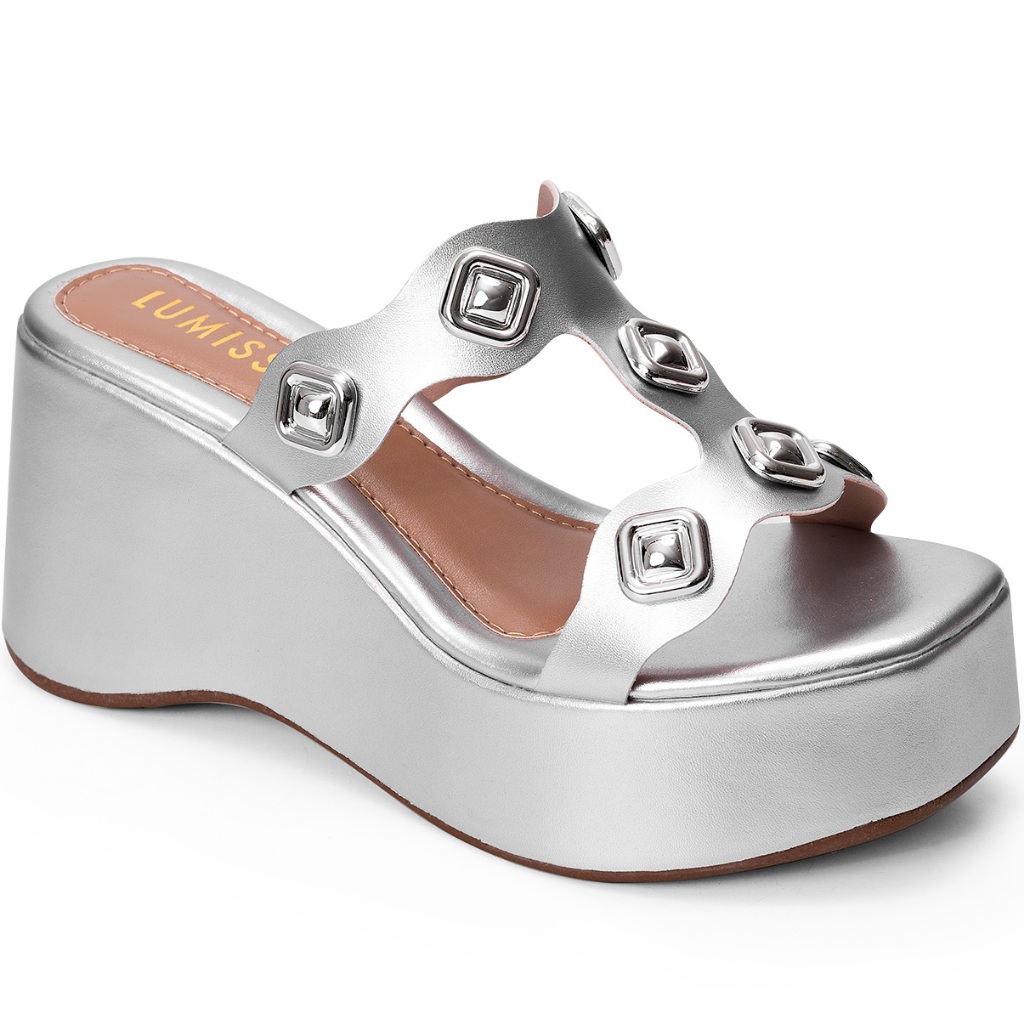 Sandália Feminina Lumiss Tamanco Tachas Anabela Confortável Plataforma Metalizado Prata - Women Shoes