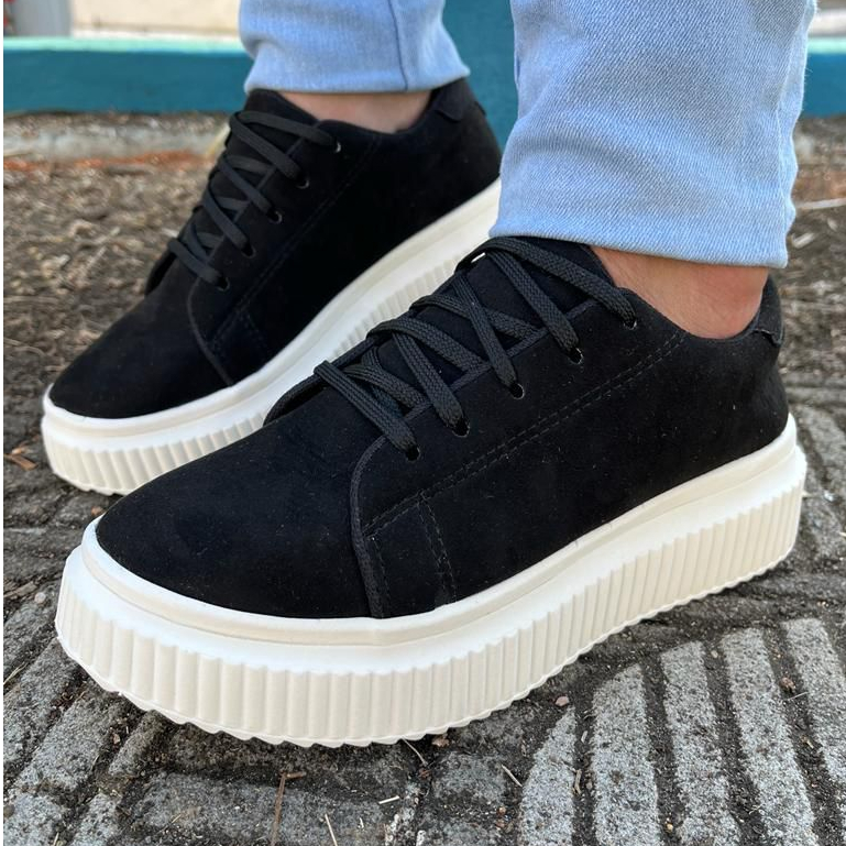 Tênis Feminino Preto De Camurça Casual Liso Plataforma Alta Cano Baixo Confortável