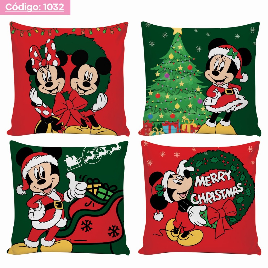 Kit 4 Capa de Almofada Fronha Minnie Mickey de Natal Quarto Sala Decorativa Zíper 0.45x0.45 Infantil