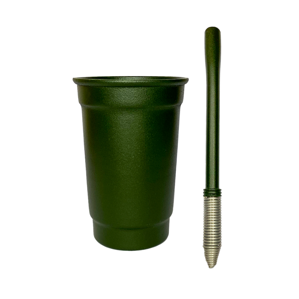 Kit para Terere: Copo Alumínio 330ml + Bomba INOX Desmontável de Mola Cônica + Escovinha.