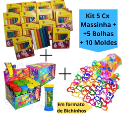 Kit 5 Cx Massinha de Modelar + 5 Bolhas de Sabão + 10 Molde Cortador Kit Festa Lembrancinha Infantil Escolar