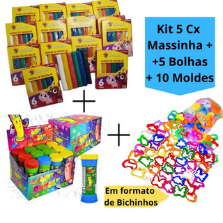 Kit 5 Cx Massinha de Modelar + 5 Bolhas de Sabão + 10 Molde Cortador Kit Festa Lembrancin…