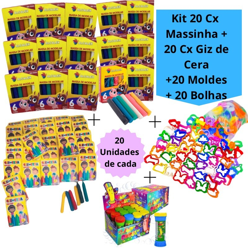 Kit 20 Cx Massinha de Modelar + 20 Bolhas de Sabão + 20 Molde Cortador + 20 Cx Giz de Cera Kit Festa Lembrancinha Infantil Escolar em Oferta na Shopee