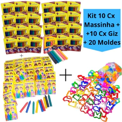 Kit 10Cx Massinha de Modelar + 10Cx Giz de Cera Mini +20 Molde Kit Festa Cortador Forminha Lembrancinha Infantil Escolar
