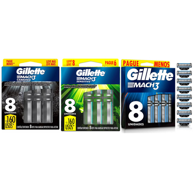 Carga Gillette Mach3 C/8 Sensitive/Normal/Carbono