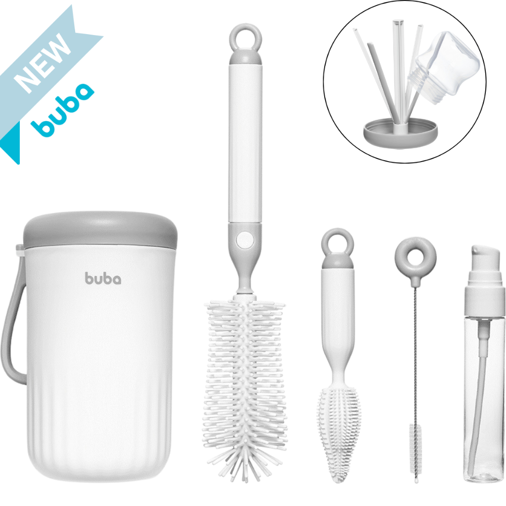 Kit Limpeza Mamadeira com Estojo Bebe 6 em 1 Escovas Escorredor Spray Viagem Buba
