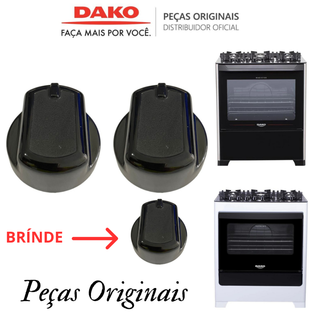 CONJUNTO 2 BOTÕES MANÍPULOS + 1 DE BRINDE PARA FOGÕES DAKO SUPREME GLASS E MAGISTER 100% ORIGINAL