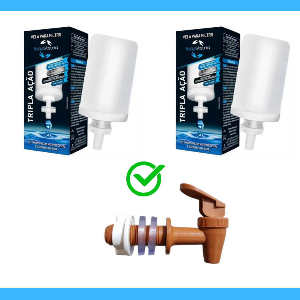 Kit 02 Vela Para Filtro Barro Alcalina Tripla Ação Acqua Azzurra com +1 Torneira Marrom