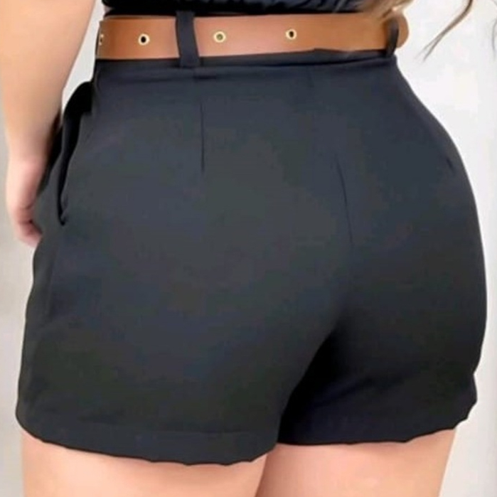 Short Alfaiataria Feminino com Cinto com Bolso Cintura Alta Social PROMOÇÃO