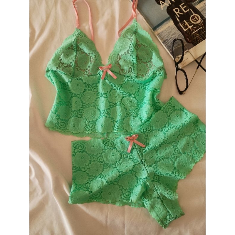Conjunto lingerie cropped todo em renda com caleçon do p ao plus em Oferta na Shopee