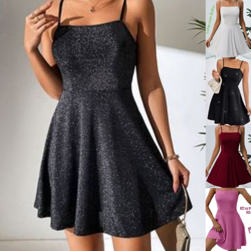 Vestido rodado bloqueira lurex com brilho para festa é casamento