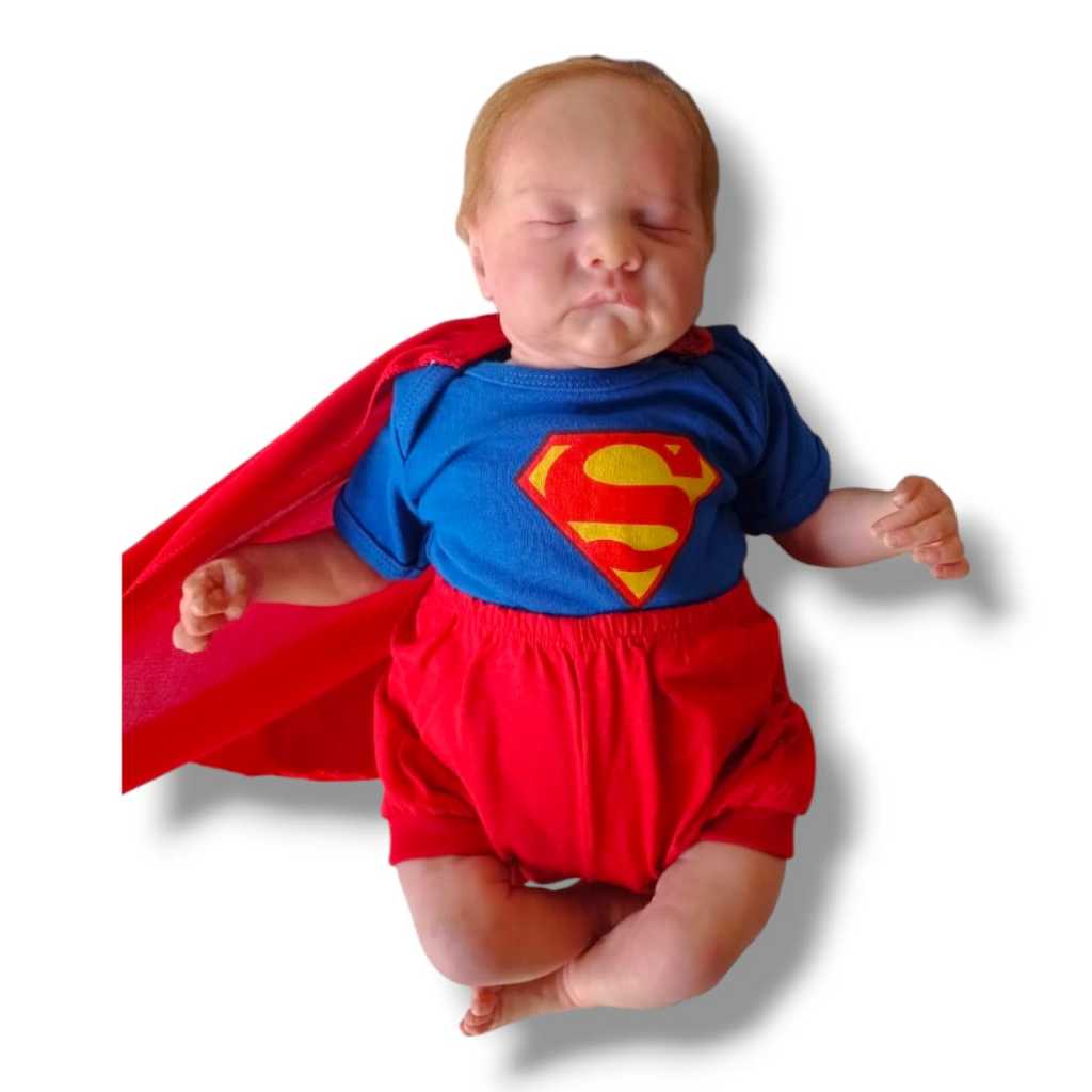 KIT 2 PEÇAS - BODY COM CAPA REMOVIVÉL SUPER MAN + SHORT SUEDINE ALGODÃO FANTASIA DE MENINO BEBE SUPER HOMEM