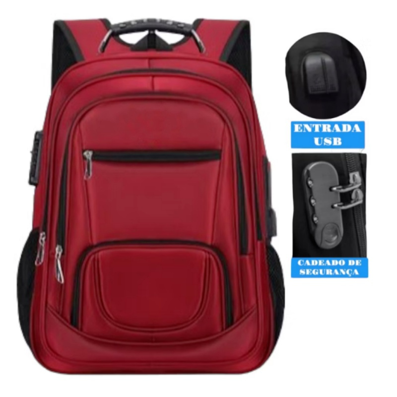 Mochila escolar reforçada, à prova d'água e antifurto com trava de combinação, USB 1318