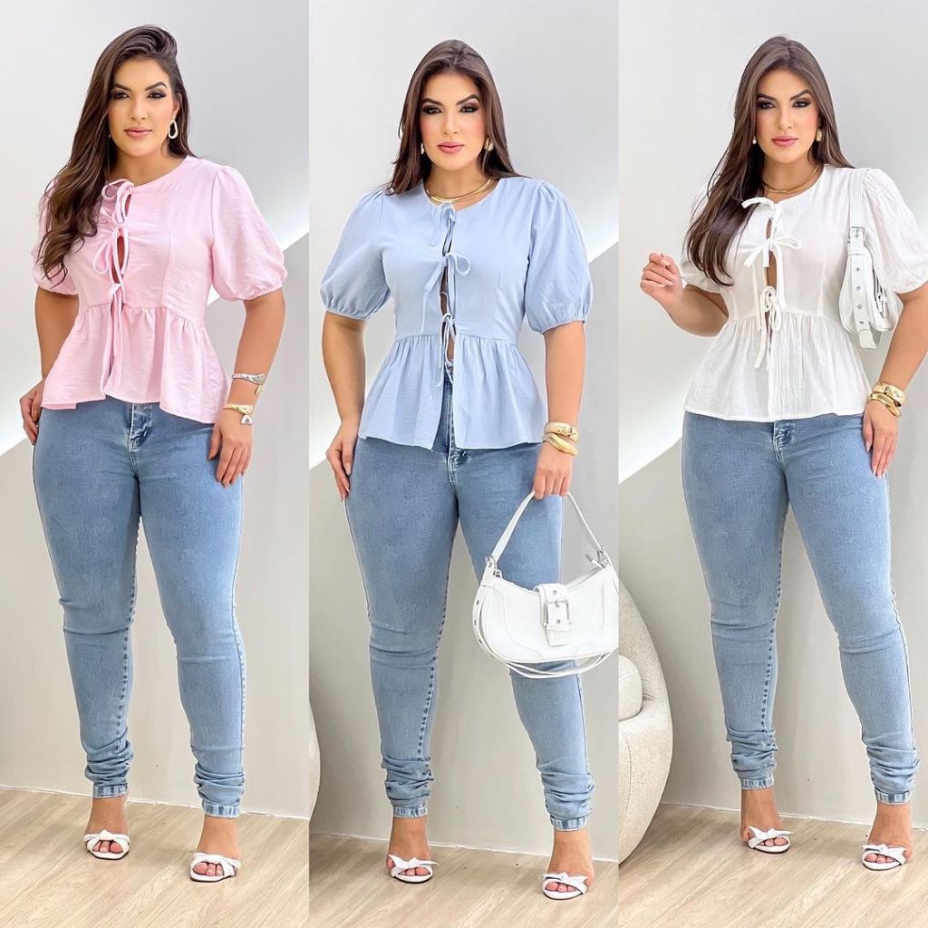 blusa feminina bata fecho frontal com laços tendencia verão 2025