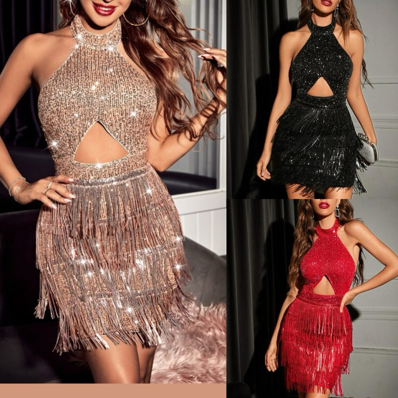 Vestido Curto Festa Brilho Paetês Lantejoulas Franjas Formatura Premium Moda Blogueira Sensual SH ENC941