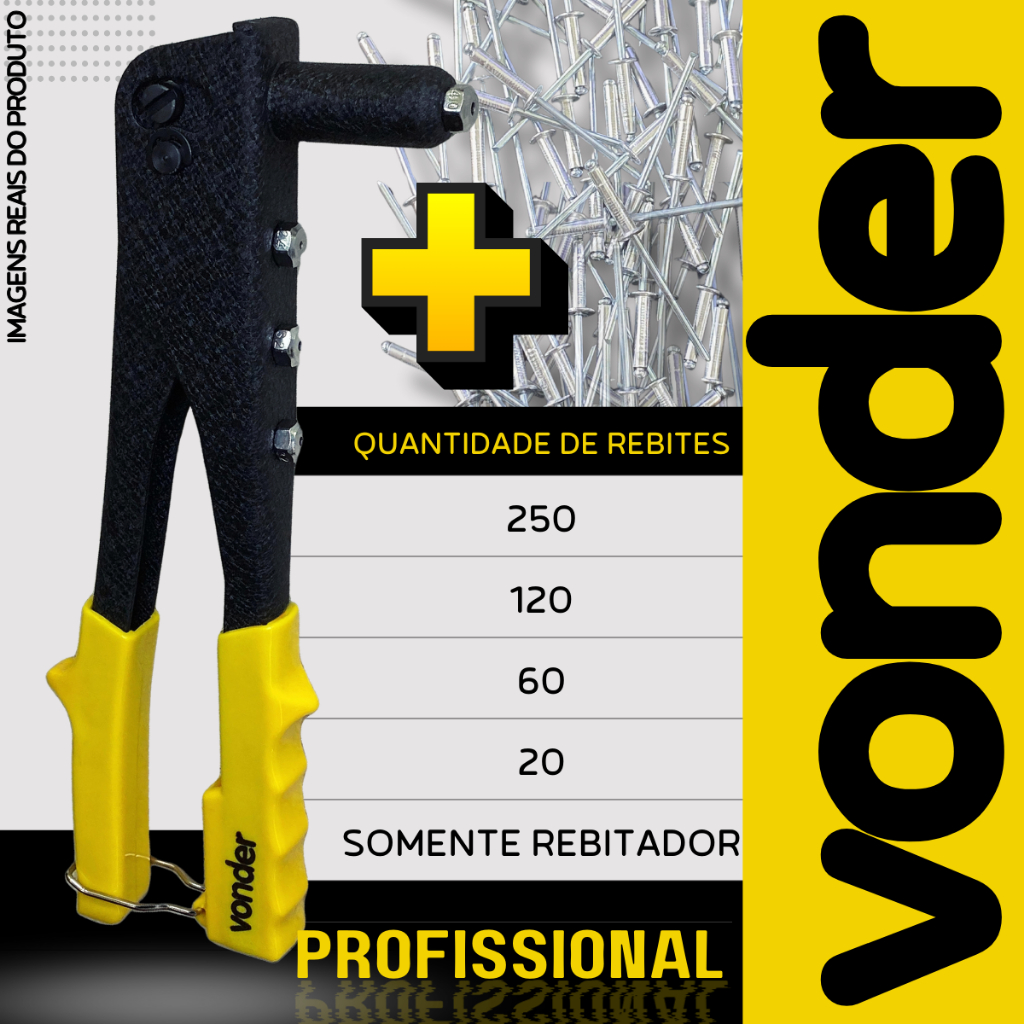 Rebitador Profissional + Rebite, Alicate Rebitadeira Manual 10 POL - 4 Furos, Chave / VONDER