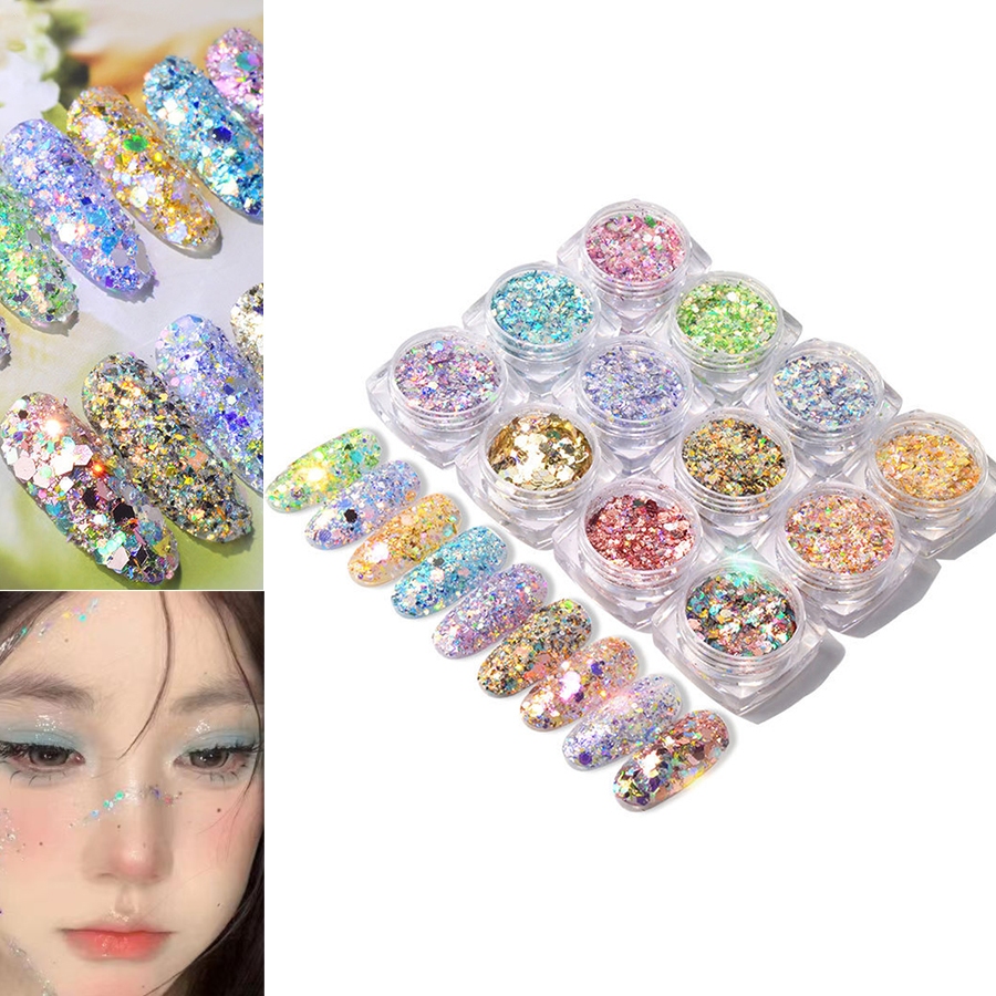 kit de 12 joias de unha decorações de unhas Lantejoulas e strass Pó acrílico pedrarias de unhas