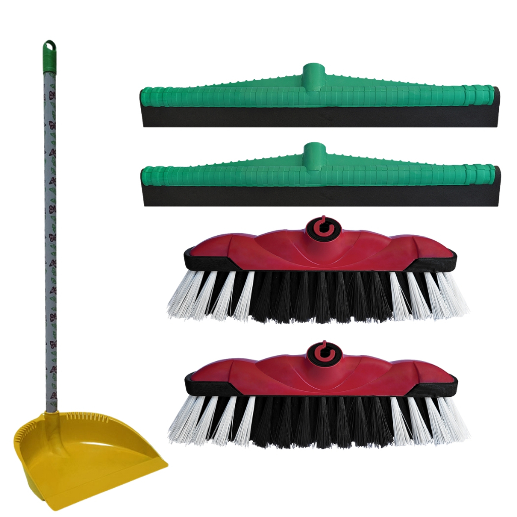 Kit Completo Limpeza 2 Vassouras Varre Muito Fácil Interna 2 Rodo Plástico 40 cm 1 Pá de Lixo C/Cabo