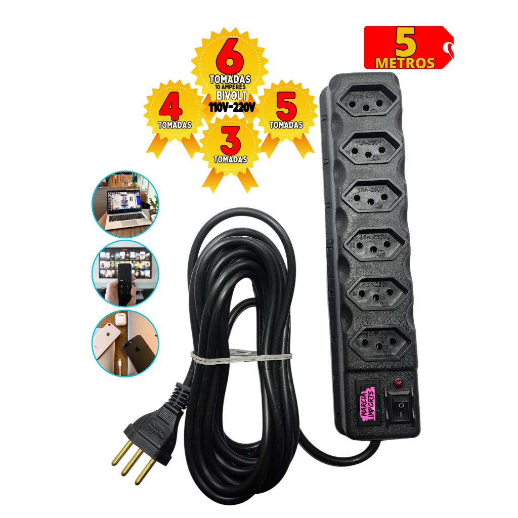 Filtro de Linha com 6,5,4 ou 3 tomadas Bivolt com cabo de 5 metros Regua Eletrica 500w Tripolar