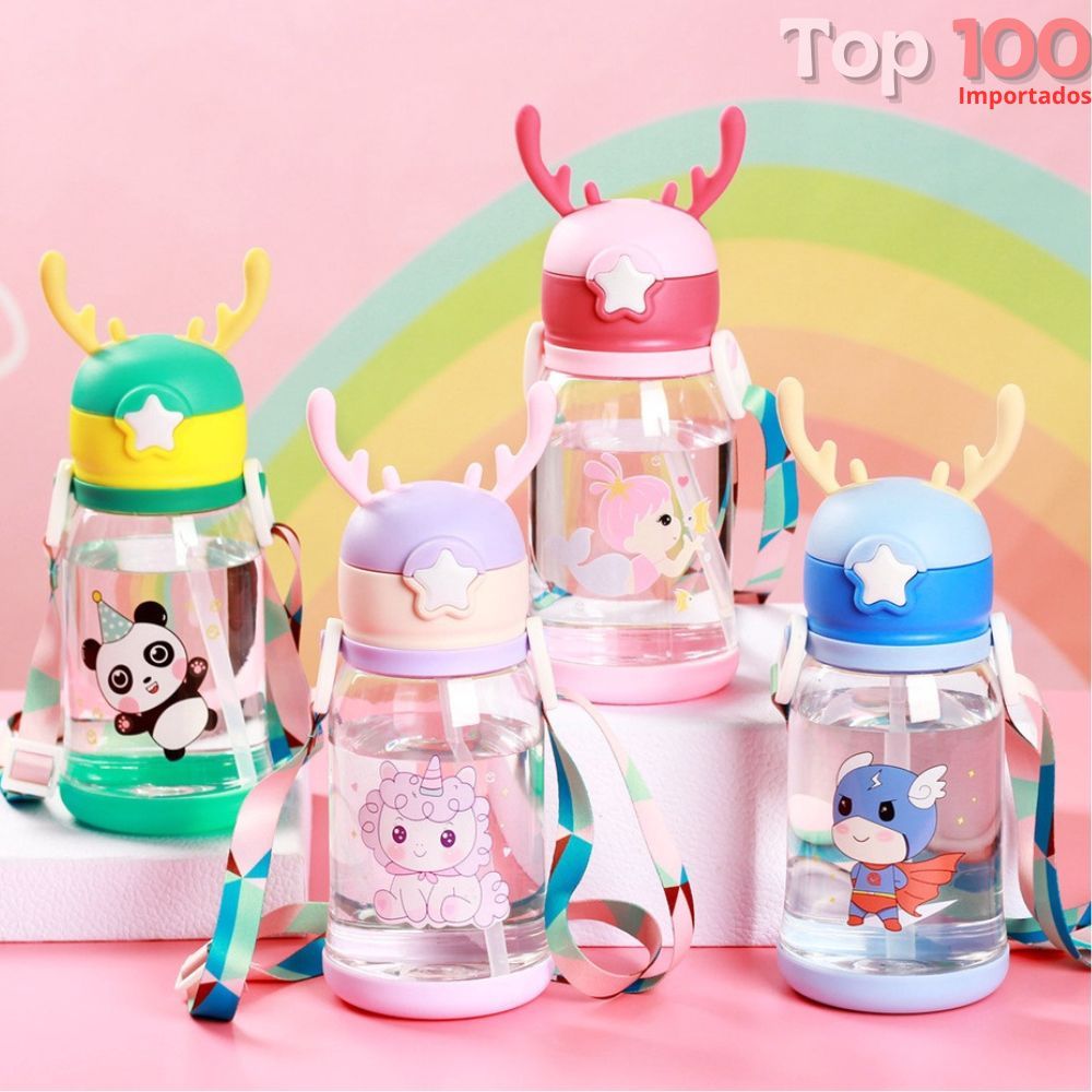 Garrafas De Alce Água Portáti Infantil 600ml Com Canudo e Cordão Desenho Multicolorido Para Meninas ou Meninos em Oferta na Shopee