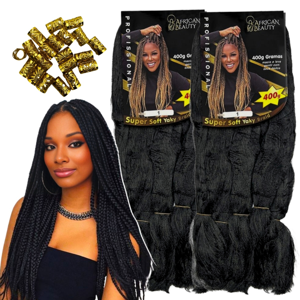 Kit com 2 Cabelo Fibra YAKI Jumbo Tranças Premium African Beauty 400 gramas