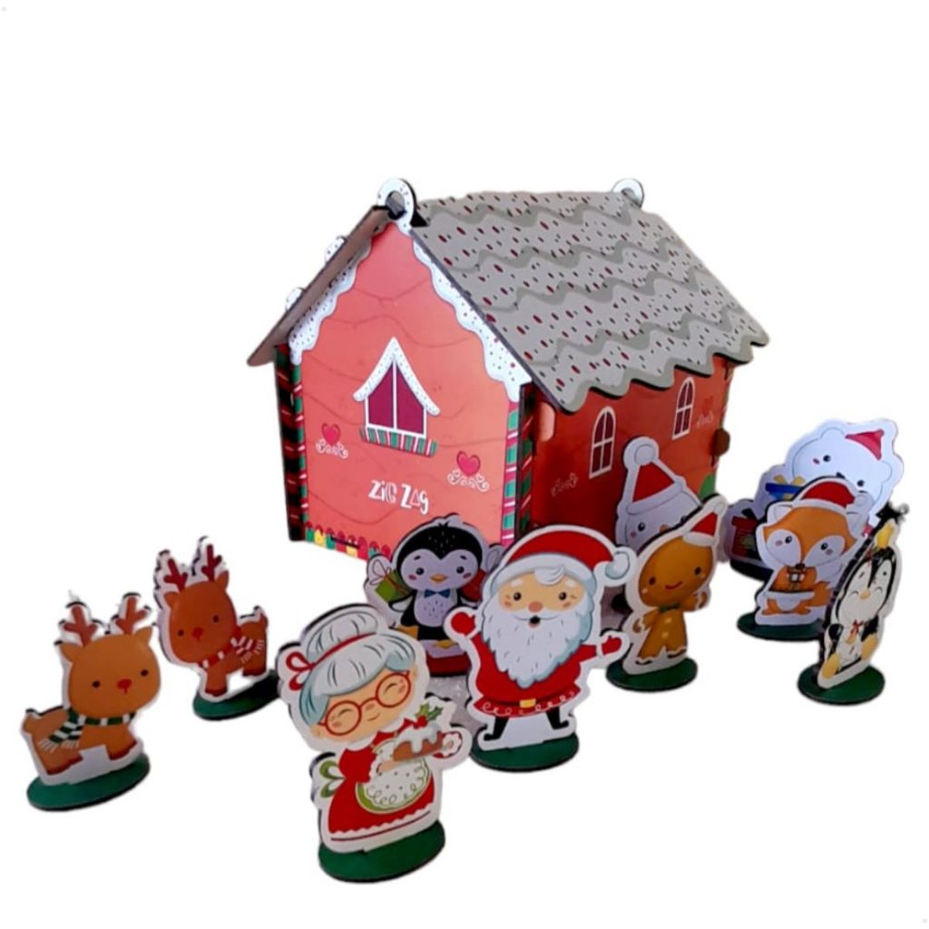 Casa do Papai Noel e Mamãe Noel Brinquedo de Madeira Infantil Natal 3d